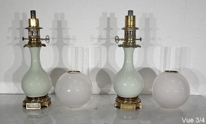 19th Century Napoleon III Oil Table Lamps in Celadon and Bronze, Set of 2-RVK-1419362