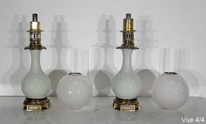 19th Century Napoleon III Oil Table Lamps in Celadon and Bronze, Set of 2-RVK-1419362