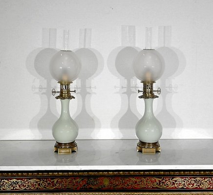 19th Century Napoleon III Oil Table Lamps in Celadon and Bronze, Set of 2-RVK-1419362