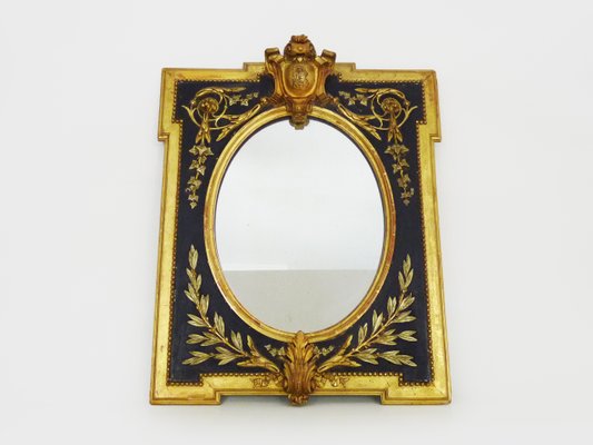 19th Century Napoleon III Oval Frame Mirror in Wood and Blackened Stucco with Golden Motifs-MZP-2019732