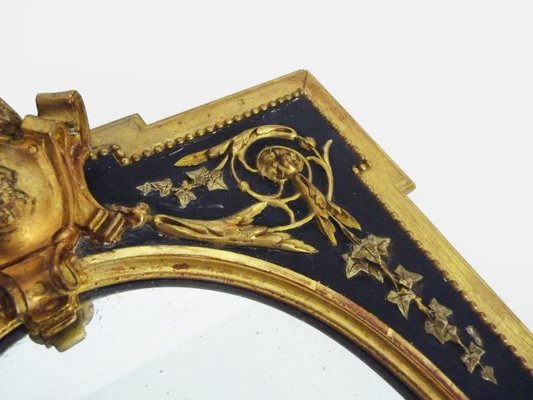 19th Century Napoleon III Oval Frame Mirror in Wood and Blackened Stucco with Golden Motifs-MZP-2019732