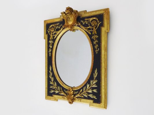 19th Century Napoleon III Oval Frame Mirror in Wood and Blackened Stucco with Golden Motifs-MZP-2019732