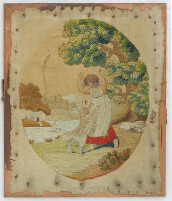 19th Century Needlepoint Depicting Child with Dog-ARU-1073198