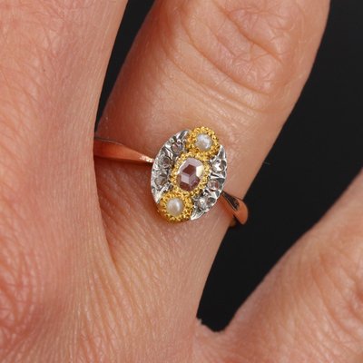 19th Century Pearl, Diamonds and 18 Karat Rose Gold Marquise Ring-OLU-948367