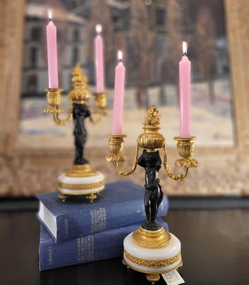 19th Century Putti Candleholders in Bronze, Ormolú and Marble, Set of 2-NUC-1813775