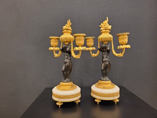 19th Century Putti Candleholders in Bronze, Ormolú and Marble, Set of 2-NUC-1813775