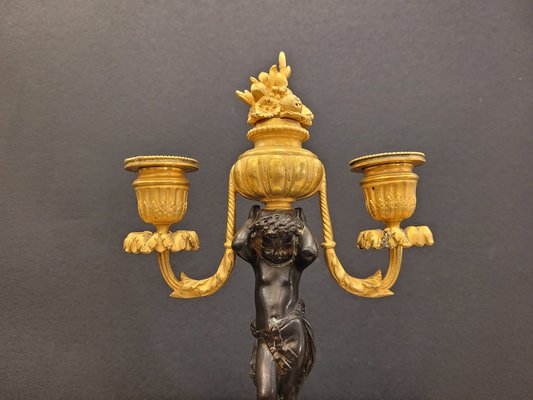 19th Century Putti Candleholders in Bronze, Ormolú and Marble, Set of 2-NUC-1813775