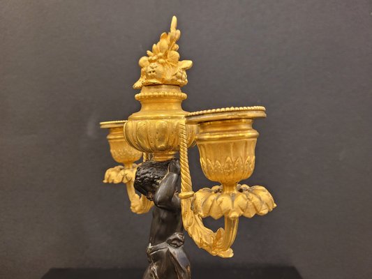 19th Century Putti Candleholders in Bronze, Ormolú and Marble, Set of 2-NUC-1813775