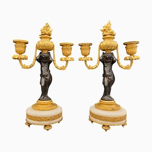 19th Century Putti Candleholders in Bronze, Ormolú and Marble, Set of 2-NUC-1813775