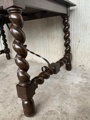 19th-Century Spanish Baroque Walnut Solomonic Leg Fratino Table with Iron Stretcher-PSK-1002606