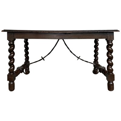 19th-Century Spanish Baroque Walnut Solomonic Leg Fratino Table with Iron Stretcher-PSK-1002606