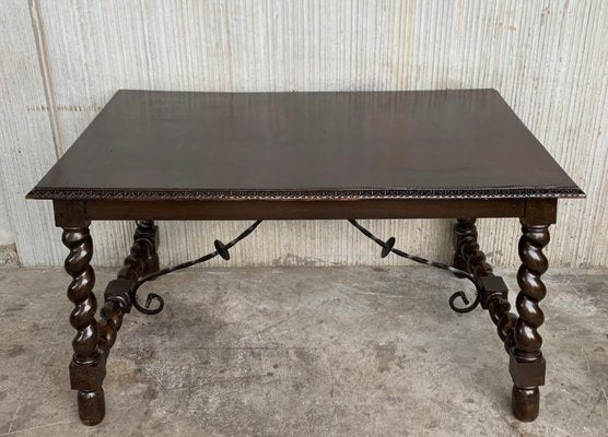 19th-Century Spanish Baroque Walnut Solomonic Leg Fratino Table with Iron Stretcher-PSK-1002606