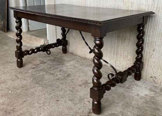 19th-Century Spanish Baroque Walnut Solomonic Leg Fratino Table with Iron Stretcher-PSK-1002606