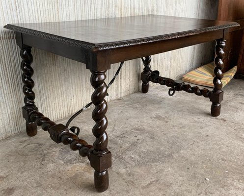 19th-Century Spanish Baroque Walnut Solomonic Leg Fratino Table with Iron Stretcher-PSK-1002606