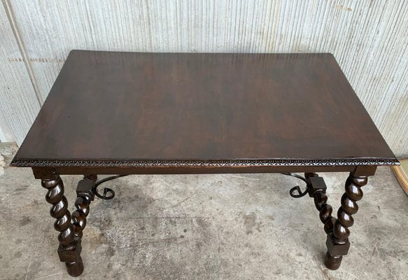 19th-Century Spanish Baroque Walnut Solomonic Leg Fratino Table with Iron Stretcher-PSK-1002606