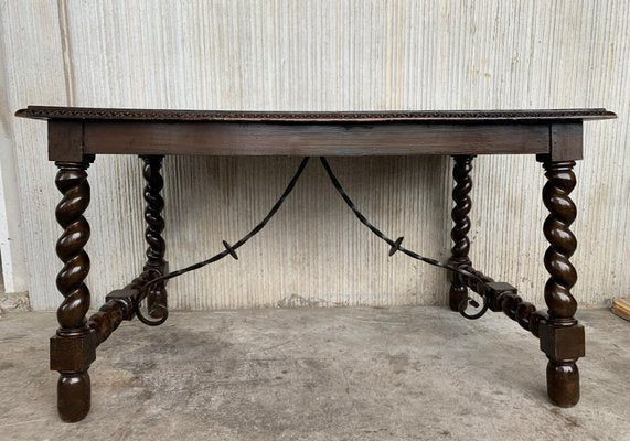 19th-Century Spanish Baroque Walnut Solomonic Leg Fratino Table with Iron Stretcher-PSK-1002606