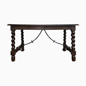 19th-Century Spanish Baroque Walnut Solomonic Leg Fratino Table with Iron Stretcher-PSK-1002606