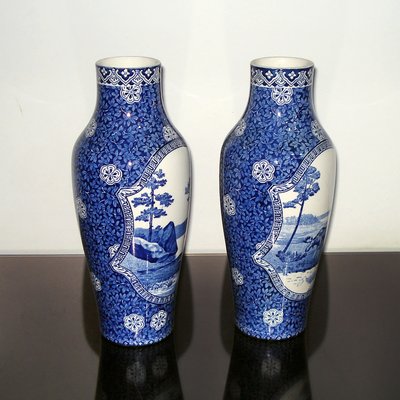 19th Century Swedish Porcelain Moose Blue Landscape Vases from Rörstrand, Set of 2-YGE-666516