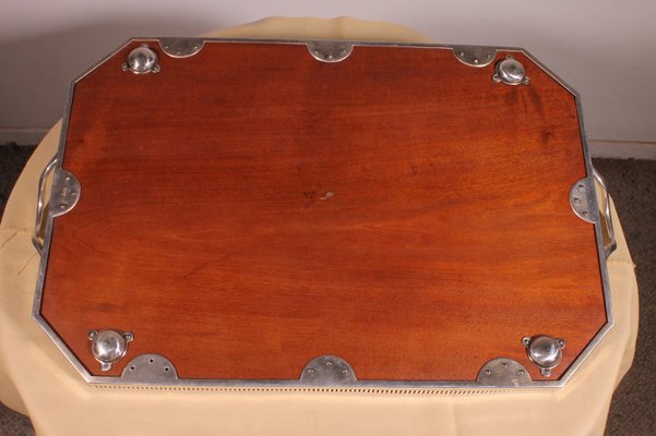 19th Century Tray in Silver Metal and Mahogany-HPU-2036679