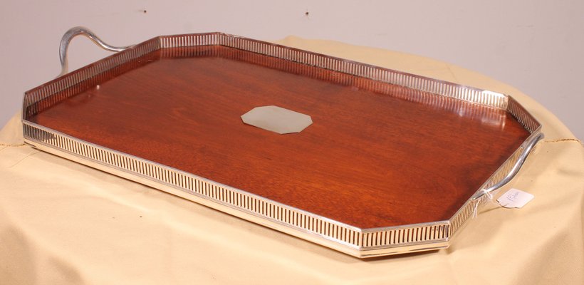 19th Century Tray in Silver Metal and Mahogany-HPU-2036679