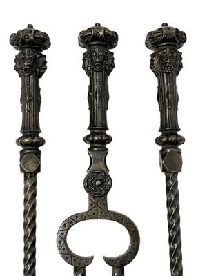 19th French Century Cast Iron Fire Dogs or Andirons with Tools, Set of 5-UCH-1224247