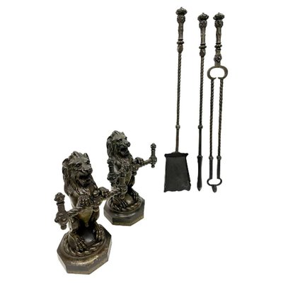 19th French Century Cast Iron Fire Dogs or Andirons with Tools, Set of 5-UCH-1224247