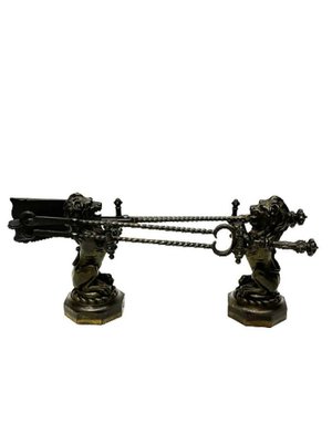 19th French Century Cast Iron Fire Dogs or Andirons with Tools, Set of 5-UCH-1224247