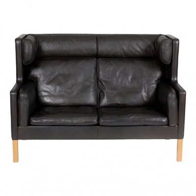 2-Seater Sofa with Black Patinated Leather and Oak Wood Legs by Børge Mogensen for Fredericia-MTD-1400776