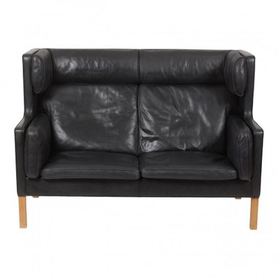 2-Seater Sofa with Original Patinated Black Leather and Oak Wood Legs by Børge Mogensen for Fredericia-MTD-1400775