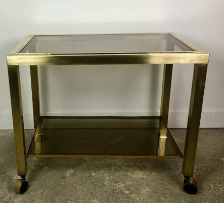 2-Tier Smoked Glass & Brass Serving Trolley, 1970s-RWZ-1030726