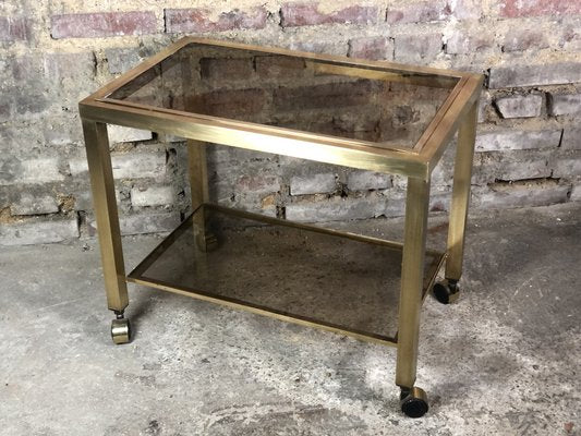 2-Tier Smoked Glass & Brass Serving Trolley, 1970s-RWZ-1030726