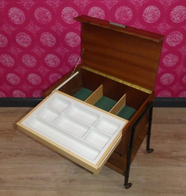 2 Tone Wooden Sewing Box on Casters Shelf in Black Walnut & Steel Tube, 1960s-AFE-2042921