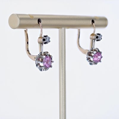 20th Century 18 Karat Yellow Gold and Platinum Lever Back Earrings Pink Sapphire, Set of 2-OLU-1757420