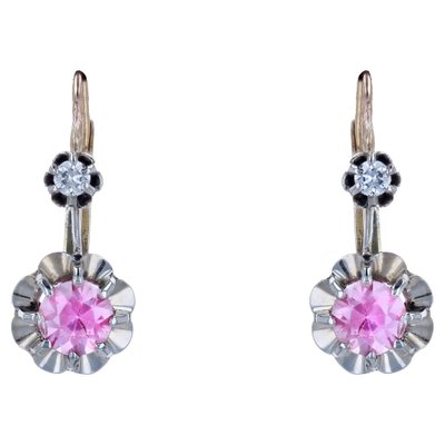 20th Century 18 Karat Yellow Gold and Platinum Lever Back Earrings Pink Sapphire, Set of 2-OLU-1757420