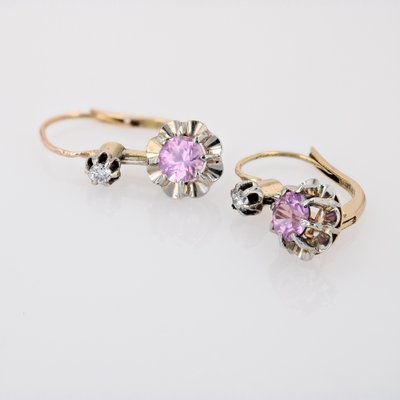 20th Century 18 Karat Yellow Gold and Platinum Lever Back Earrings Pink Sapphire, Set of 2-OLU-1757420