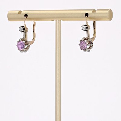 20th Century 18 Karat Yellow Gold and Platinum Lever Back Earrings Pink Sapphire, Set of 2-OLU-1757420