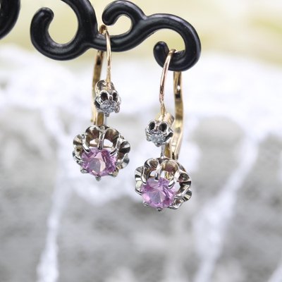 20th Century 18 Karat Yellow Gold and Platinum Lever Back Earrings Pink Sapphire, Set of 2-OLU-1757420