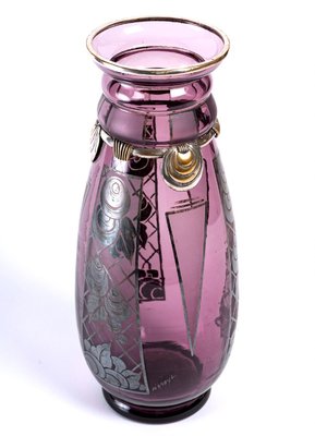 20th Century Art Deco Vase in Purple Glass and Silver Metal from d'Argyl Val-UQL-1427673