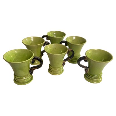 20th Century French Ceramic Cups in Green and Brown, Set of 6-UR-1726578