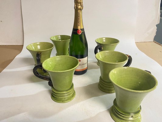 20th Century French Ceramic Cups in Green and Brown, Set of 6-UR-1726578