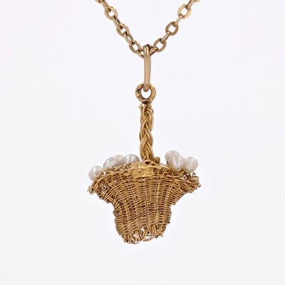 20th Century French Fine Pearl 18 Karat Yellow Gold Basket Pendant, 1890s-OLU-1777371