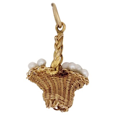 20th Century French Fine Pearl 18 Karat Yellow Gold Basket Pendant, 1890s-OLU-1777371