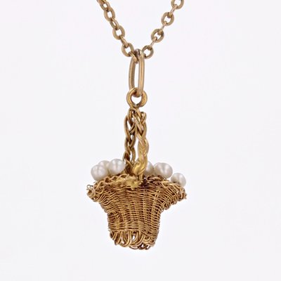 20th Century French Fine Pearl 18 Karat Yellow Gold Basket Pendant, 1890s-OLU-1777371