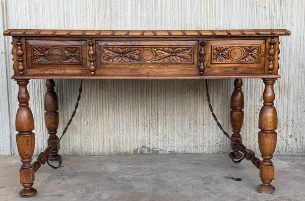 20th-Century French Louis XV Style Carved Walnut Desk with Three Drawers-PSK-1002629