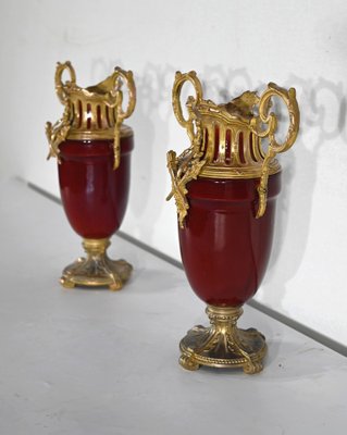 20th Century Louis XVI Ceramic and Golden Metal Cassolettes, 1950s, Set of 2-RVK-1401182