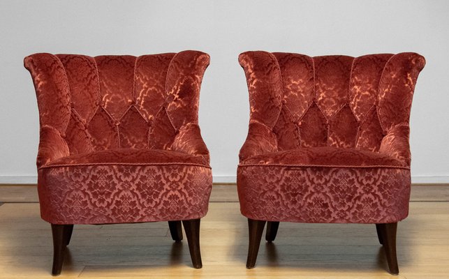 20th Century Napoleon III Armchairs in Velvet Jacquard Tone-on-Tone Brick, Set of 2-JE-1802105