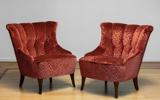 20th Century Napoleon III Armchairs in Velvet Jacquard Tone-on-Tone Brick, Set of 2-JE-1802105