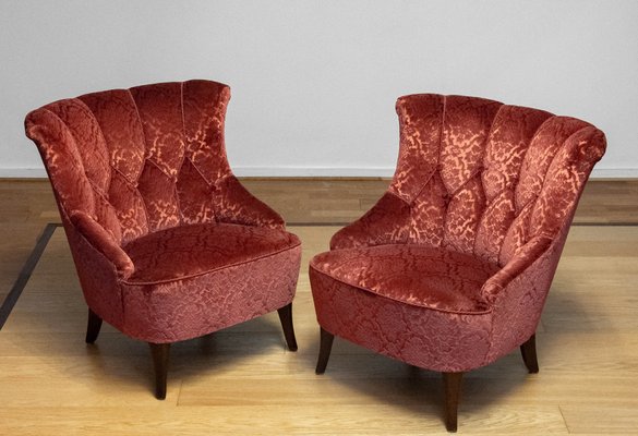 20th Century Napoleon III Armchairs in Velvet Jacquard Tone-on-Tone Brick, Set of 2-JE-1802105