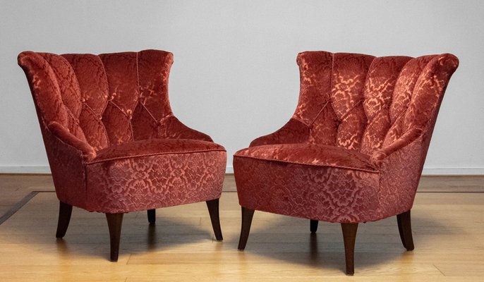 20th Century Napoleon III Armchairs in Velvet Jacquard Tone-on-Tone Brick, Set of 2-JE-1802105