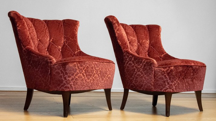 20th Century Napoleon III Armchairs in Velvet Jacquard Tone-on-Tone Brick, Set of 2-JE-1802105